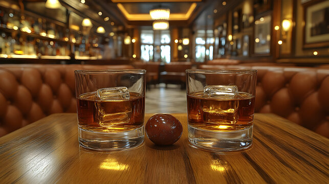 Two glasses of amber whiskey on a wooden table in an upscale bar setting