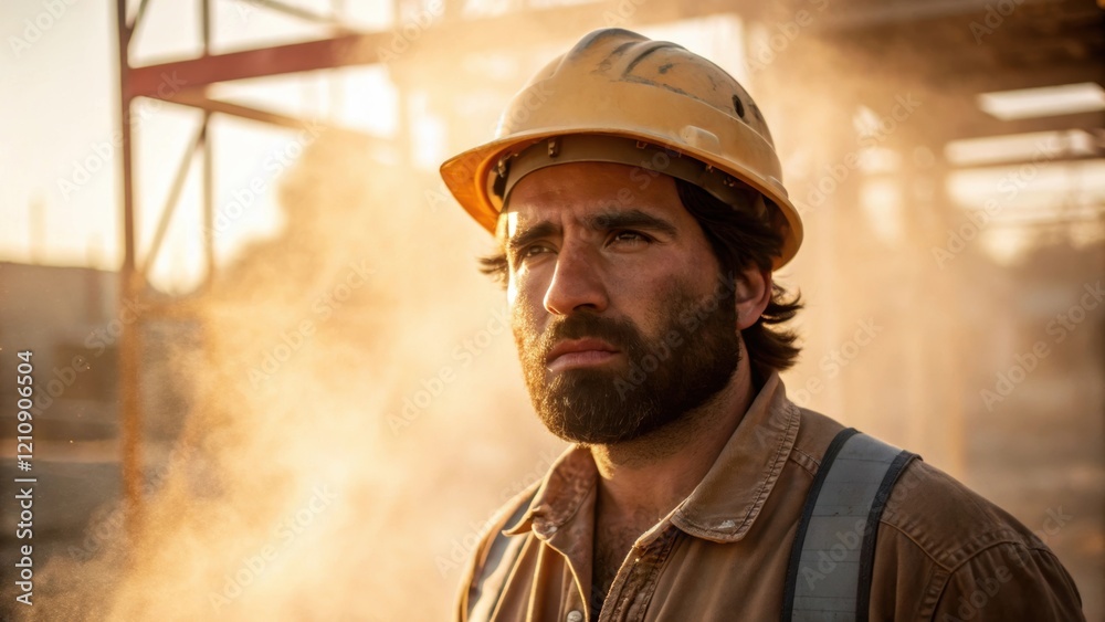 Aufkleber a profile view of a burly construction worker dust swirling in the air around him with a look of con