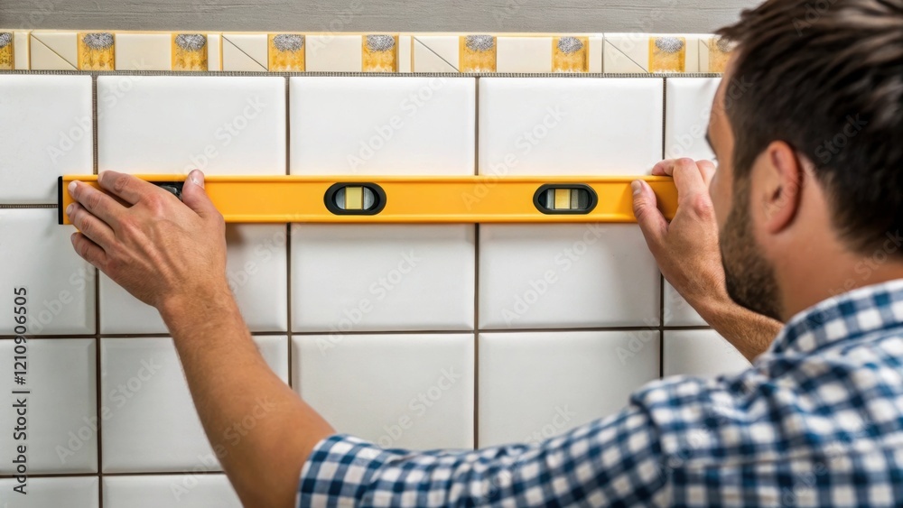 Fototapete A shot from the side showing a tiler adjusting tiles on a wall with a focus on the outer edges of the tiles emphasizing the importance of alignment and the use of a level tool.