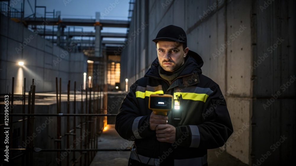 Poster A security guard uses a handheld device to scan the perimeter of a construction area his focused expression illuminated by the dim light of a nearby work light with concrete forms