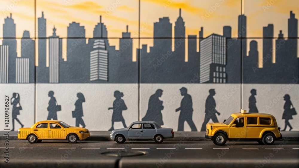 Poster a snippet of a mural detailing urban life featuring miniature scenes of people and vehicles their ou