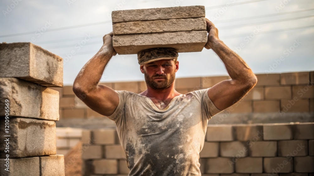 Poster a side view of a stone mason lifting a heavy block into position muscles accentuated beneath a shirt