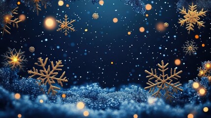 dark blue winter background with golden snowflakes and bokeh lights for christmas