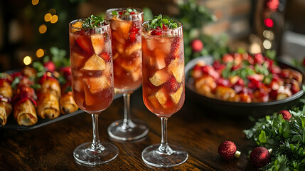 Fototapeta premium Festive Holiday Cocktails and Appetizers on Dark Wood Table