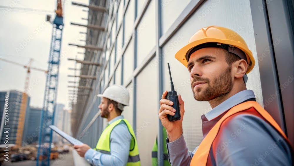 Aufkleber Captured from a medium closeup a worker communicates with a colleague via radio while holding a section of the facade emphasizing teamwork and coordination amidst the bustling