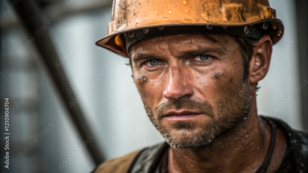 Poster Capturing the workers strong jawline and rugged features with droplets of sweat collecting near the temples emphasizing the physical demands and challenges faced daily.