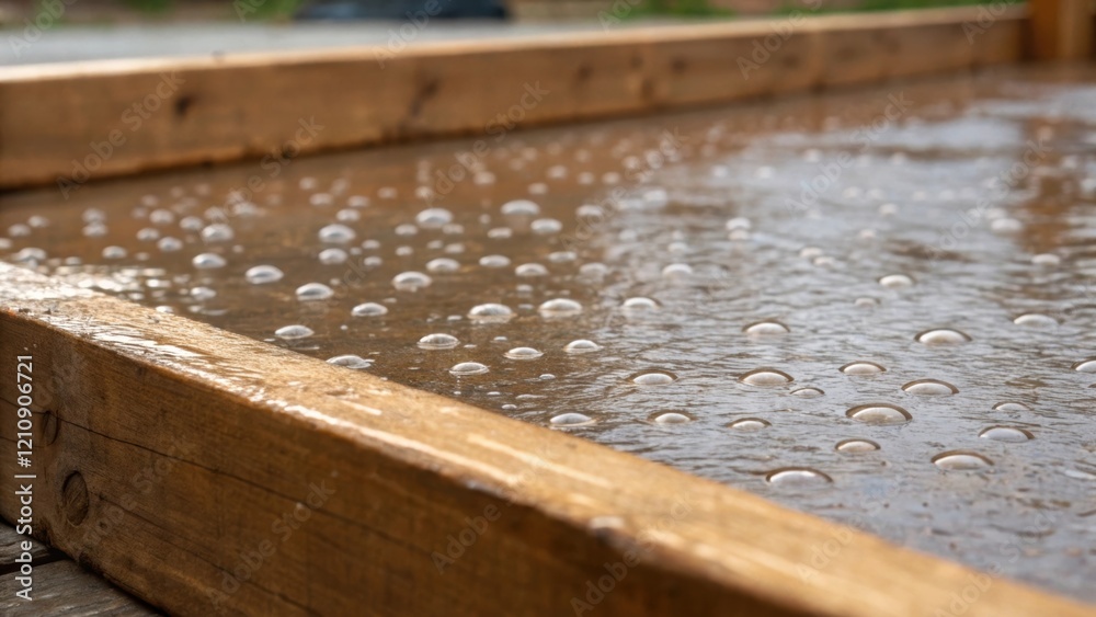 Aufkleber Closeup focusing on the wet concrete surface as it spreads out in a wooden form with tiny air bubbles rising to the surface reflecting the light in a glistening pattern.