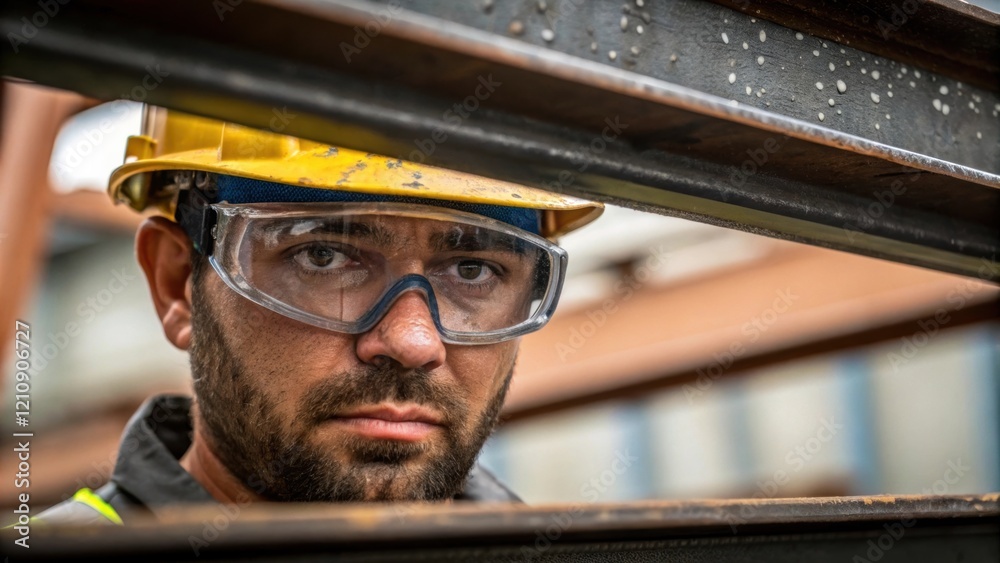 Aufkleber Close range of a workers face showing determination and concentration as he oversees the installation process. Sweat glistens on his brow and the distorted reflection of the steel