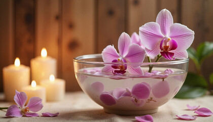 Relaxing spa ambiance with floating orchid petals and candles, serenity, Scented Water Bowls, Songkran