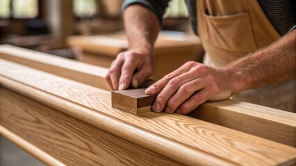 Closeup of a carpenters hands smoothing the edge of a wooden beam with sandpaper the texture of the wood and the craftsmanship prominently displayed.