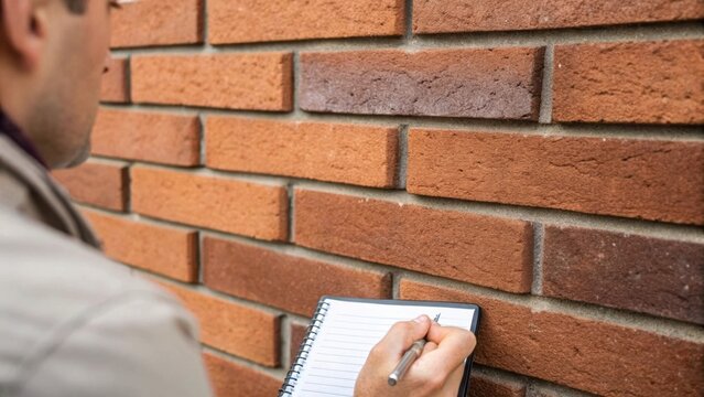 Fototapeta Closeup of a brick wall with an inspector pointing at a mortar joint scrutinizing the consistency of the mortar mix and noting any irregularities in the craftsmanship.