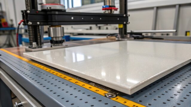 Closeup of a composite panel being tested for durability in a controlled environment reflecting the quality assurance measures taken during manufacturing.