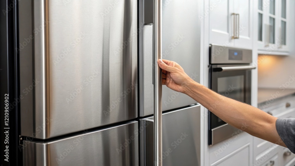 Poster closeup of a hand aligning the door of a builtin refrigerator to ensure a flush fit with kitchen cab