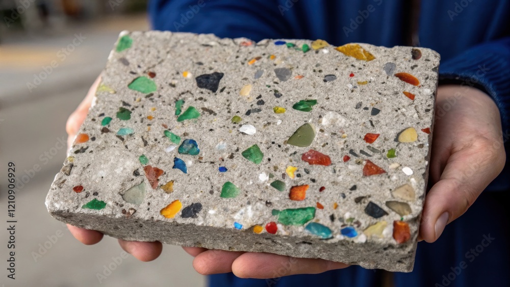 Aufkleber Closeup of a hand holding a piece of textured weathered concrete embedded with colorful shards of recycled glass portraying the beauty and innovation in using discarded materials