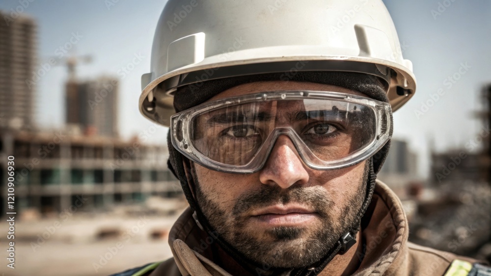Poster closeup of a helmeted worker his safety goggles reflecting the construction site highlighting the co