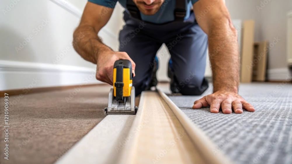 Aufkleber Closeup of a knee kicker being used to stretch a length of carpet emphasizing the workers focused expression and the tension in the fabric as it is expertly aligned with the
