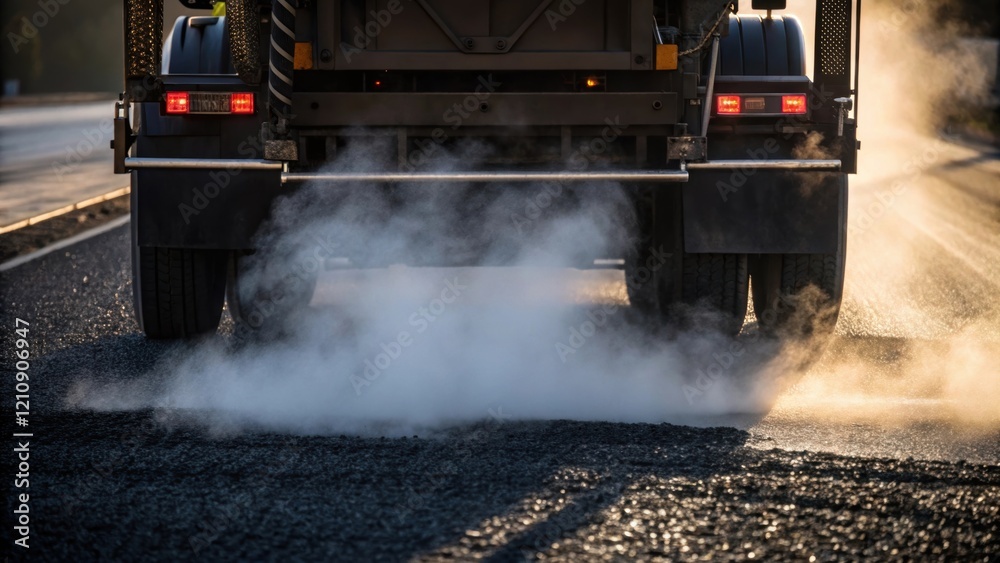 Poster closeup of a heated asphalt truck unloading its contents with bright steam rising from the dark mixt