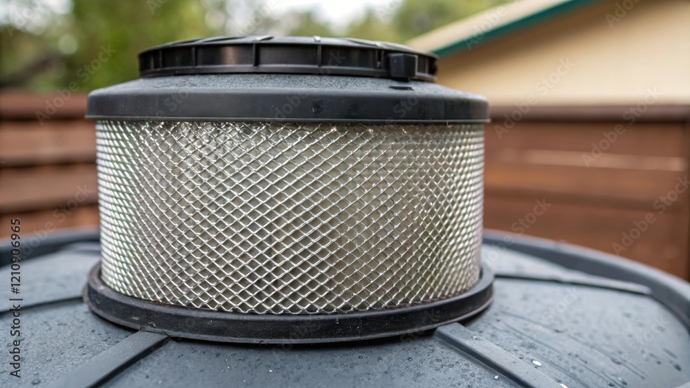 Poster closeup of a mesh filter p on top of a rainwater tank highlighting the details of the mesh texture d