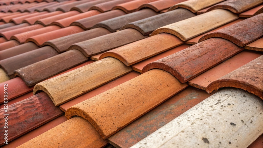 Aufkleber Closeup of an array of terracotta tiles stacked on the roofs edge each tile displaying unique variations in color and texture emphasizing the natural beauty of the material.