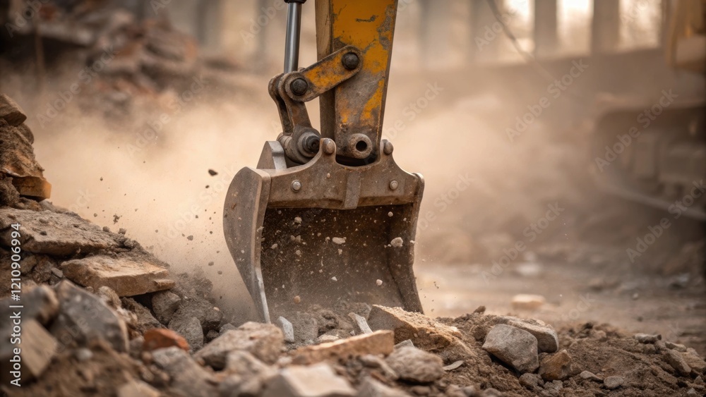 Poster Closeup of an excavators claw gripping broken concrete with dirt and dust swirling around as it prepares to remove debris symbolizing the forceful and immediate response needed in