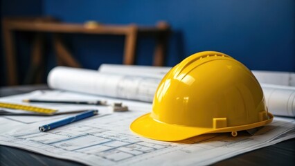 Closeup of a hard hat resting atop a stack of blueprints the yellow color stark against the deep blue background with distant construction tools faintly visible under soft
