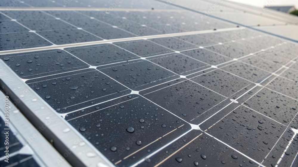 Aufkleber Closeup of a solar panels surface capturing the intricate grid of photovoltaic cells with raindrops clinging to the edges emphasizing the panels efficiency even in wet conditions