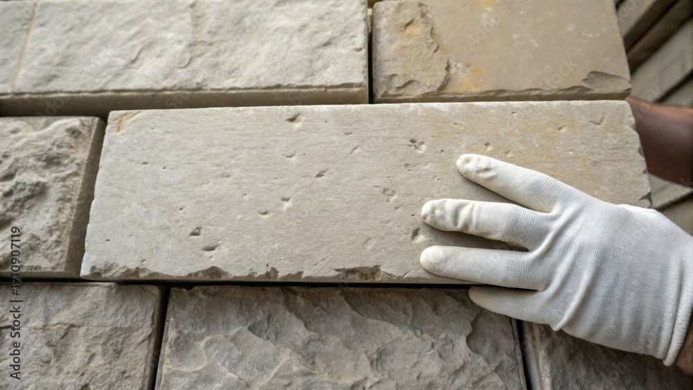 Aufkleber Closeup of a stone blocks surface featuring distinct ing and texture juxtaposed with the masons gloved hand delicately pointing out a flaw before cementing it into the wall.