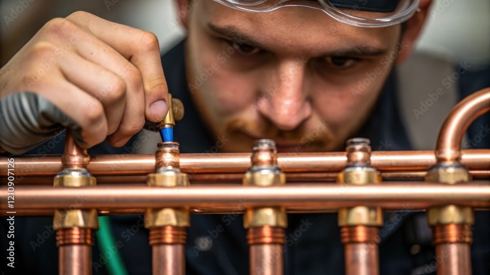 Poster closeup of a technicians hands skillfully soldering copper pipes with beads of sweat visible illustr