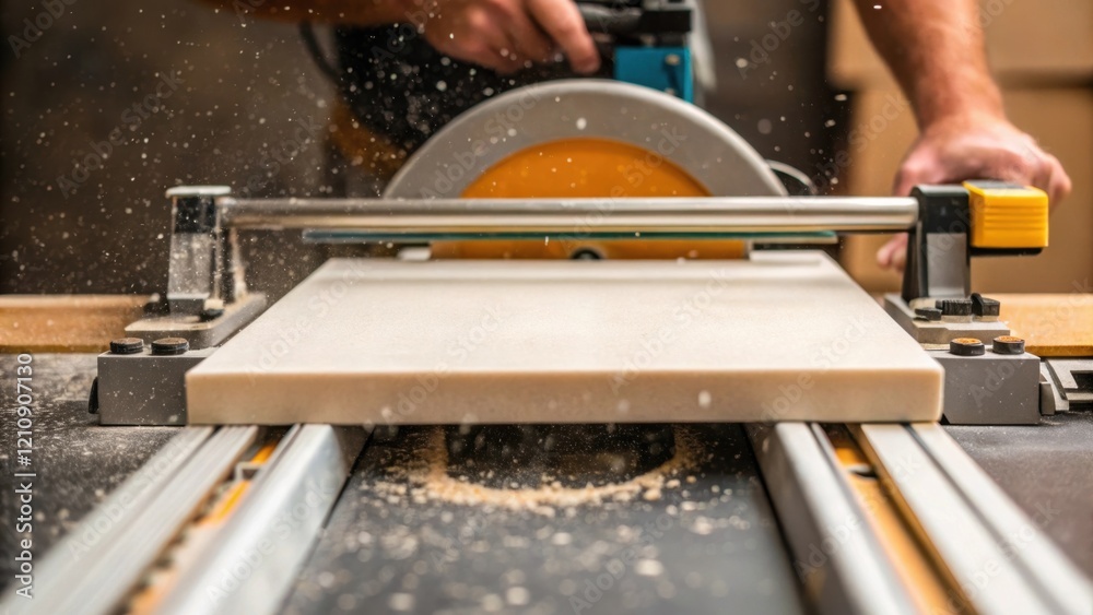 Poster Closeup of a tile ter in action with a worker applying steady pressure to score a tile highlighting small flecks of ceramic dust in the air.