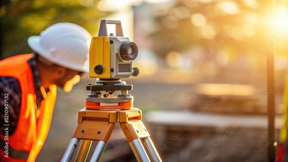 Aufkleber Closeup of a surveying instrument set on a tripod capturing the vibrant details of the device as sunlight glints off its metallic surface with an engineer visible in the background