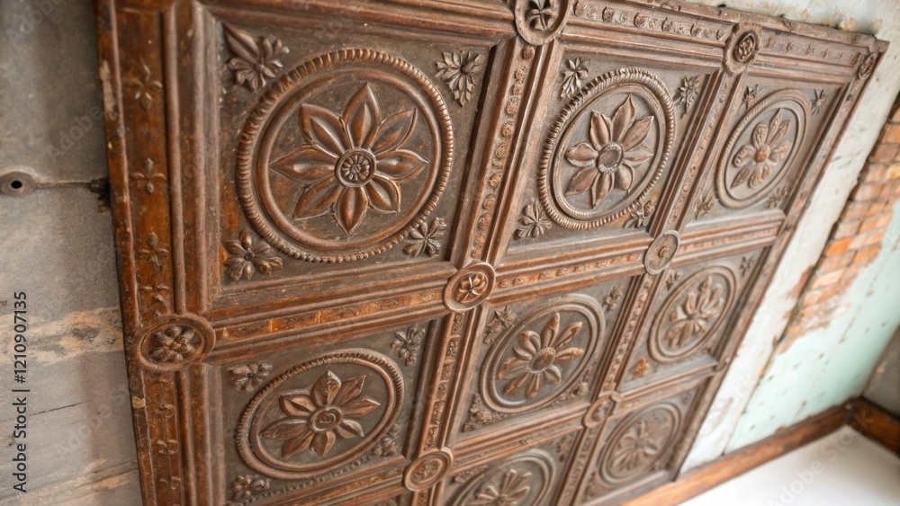 Poster Closeup of a tin ceiling panel being gently lifted revealing layers of historical paint and wear with soft light enhancing the patterns and textures that tell a story of bygone