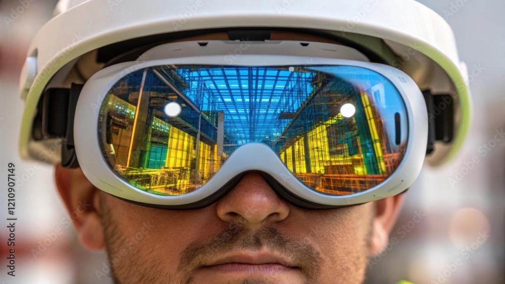Poster Closeup of a VR headset on a workers face reflecting vibrant visualizations of a construction site within the lenses showcasing intricate details of the architecture and
