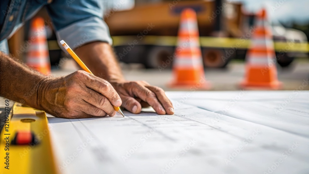 Poster Closeup of a weathered hand tracing detailed lines on a blueprint with construction equipment and safety cones blurred in the background showcasing the handson nature of the