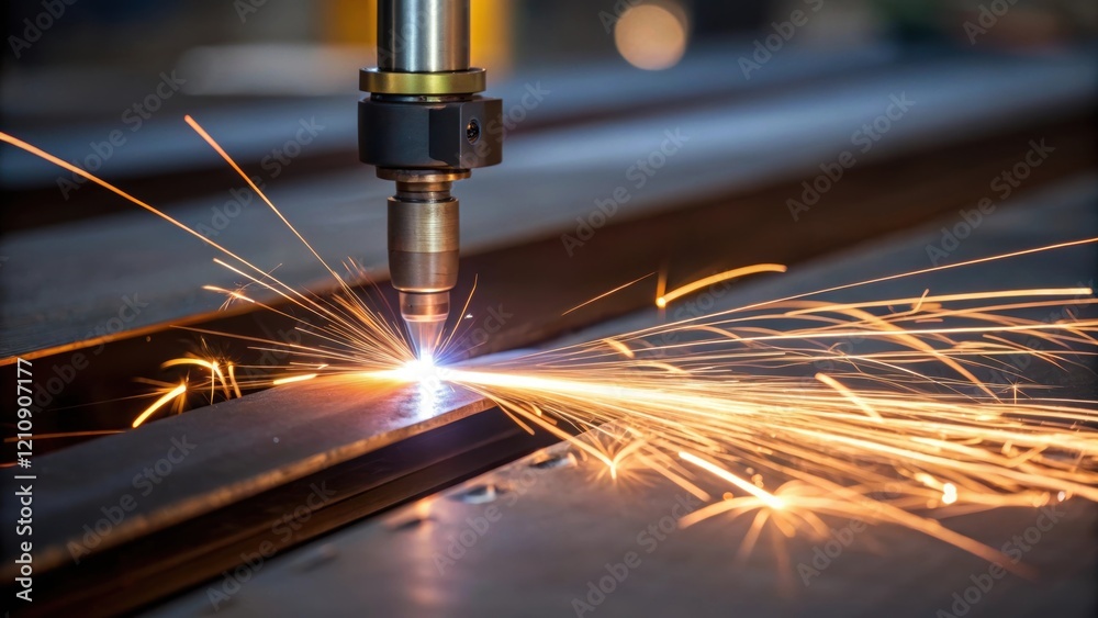 Aufkleber Closeup of a welding torch in action with bright arcs of electricity dancing as it fuses two steel plates together creating a dynamic play of light across the work surface.