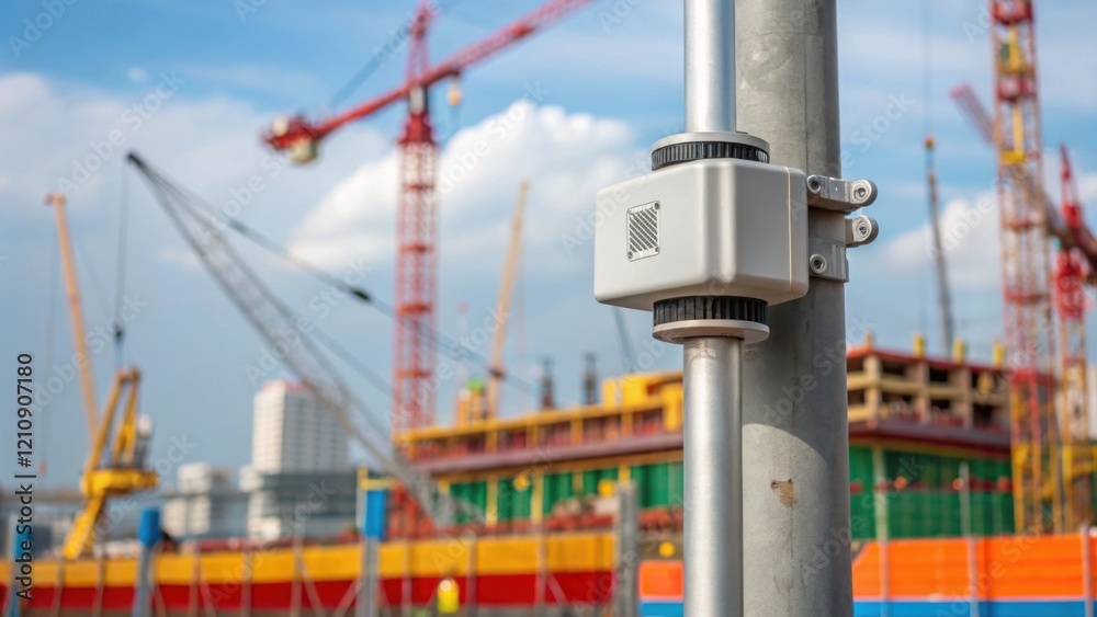 Poster Closeup of a weatherproof noise monitoring device mounted on a pole with a vibrant construction site bustling in the background showing cranes and workers in action.
