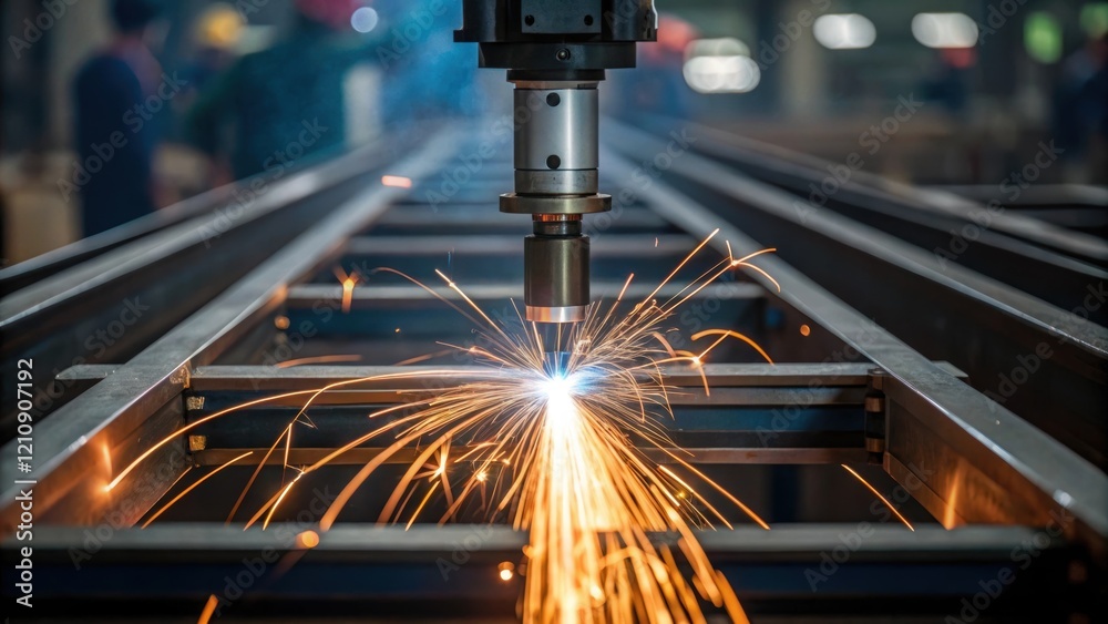 Aufkleber Closeup of a welding robots nozzle emitting bright arcs of light as it fuses metal beams together with sparks flying and a blurred background of workers observing from a safe