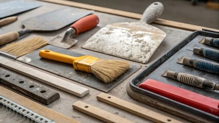 Closeup of a variety of concrete finishing tools laid out on a workbench including trowels floats and brushes each with different wear signs indicative of frequent use.