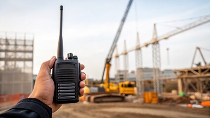 Closeup of a watchmans hand on a heavyduty radio ready to communicate any unusual activity with a backdrop of construction machinery and partially erected structures.