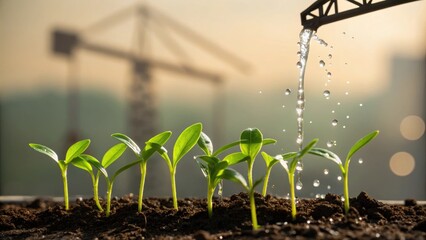 Closeup of a watering can pouring water over sprouting seedlings in a small soil patch with the shadow of a crane casting an artistic silhouette in the background.