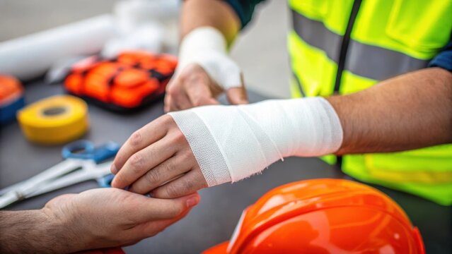 Closeup of a responder applying a sterile bandage to a workers hand injury with tools and safety gear blurred in the background emphasizing the care involved in treating the .