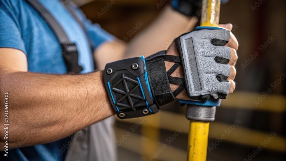 Poster Closeup of a workers hand gripping a tool while wearing an exoskeleton showcasing the added support around the wrist and the seamless integration of technology with traditional