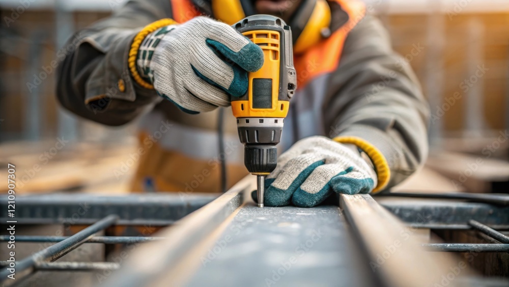 Poster closeup of a workers hands gripping a power tool fingers gloved and steady capturing the moment of p