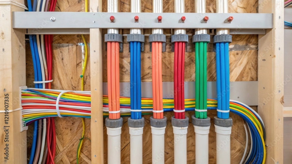 Poster closeup of colorful electrical wiring and plumbing pipes being installed within the walls demonstrat