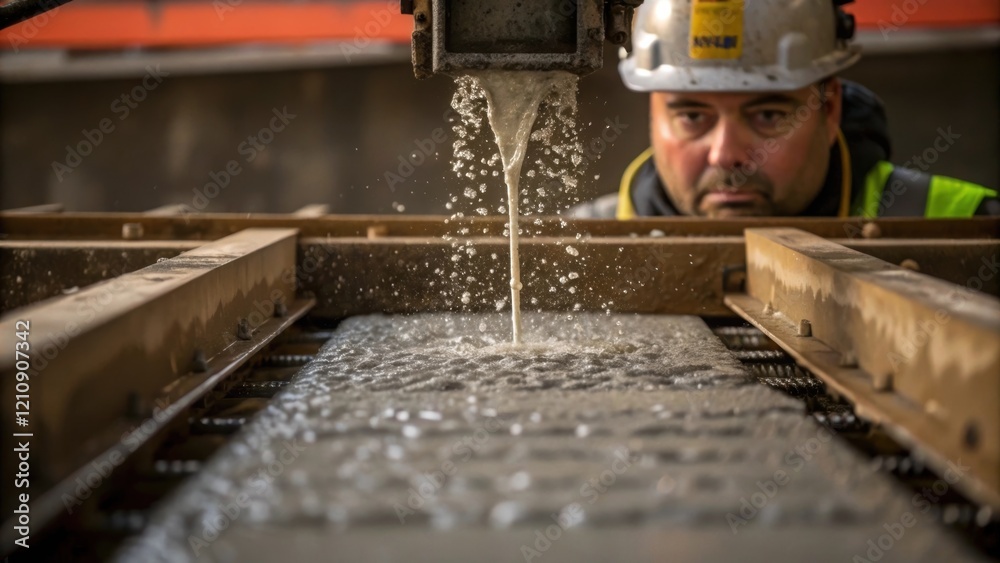 Poster Closeup of concrete being poured into forms at the base of the bridge with droplets splashing and a workers face concentrated on the task emphasizing the machinery and materials