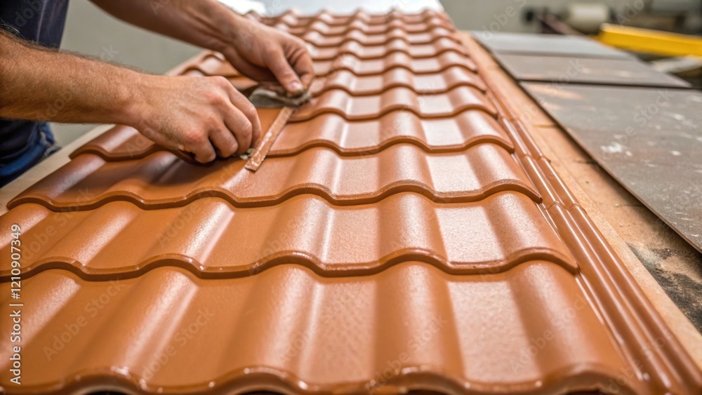 Poster Closeup of a workers hands applying adhesive to the back of a terracotta tile with a textured surface showing every ridge and groove highlighting the meticulous process of