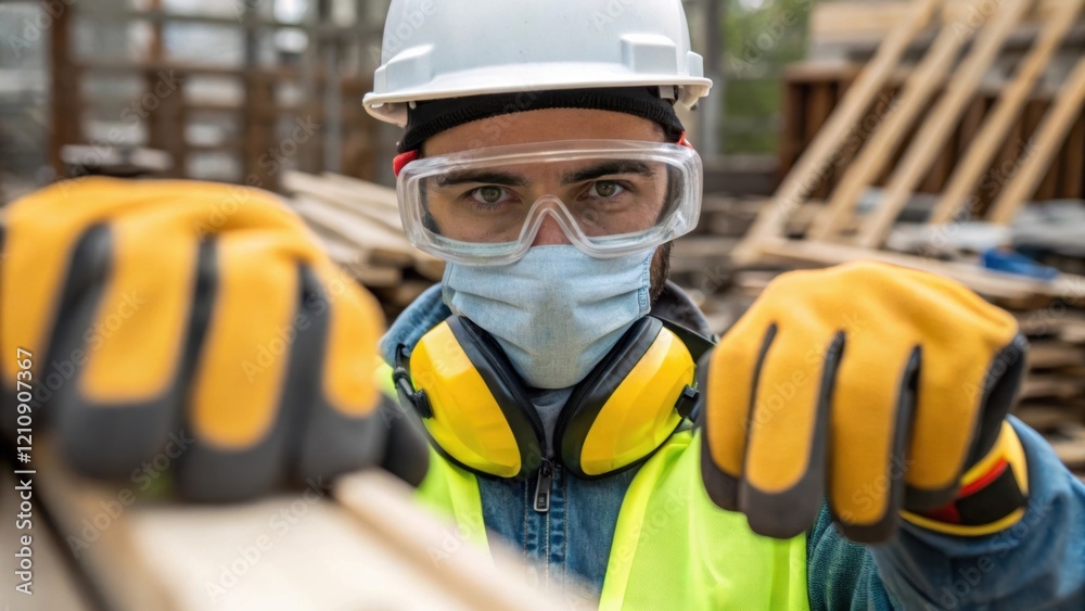 Aufkleber Closeup of a worker wearing protective gloves and eye goggles while handling construction materials exemplifying adherence to safety practices during the audit.
