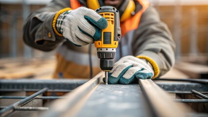 Closeup of a workers hands gripping a power tool fingers gloved and steady capturing the moment of precision amidst safety precautions on the construction site.