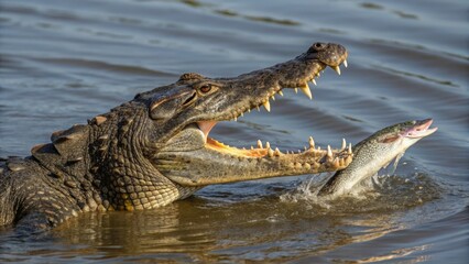 Obraz premium Crocodile hunts and eats fish in freshwater habitat wildlife documentary perspective