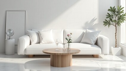 An intimate glimpse at a pristine white leather couch adorned with four plush pillows, set against a serene white backdrop. Before it sits a chic round wooden table holding an elegant pink blossom wit