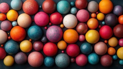 Obraz premium Colorful arrangement of decorative spheres in various sizes and textures on a dark background